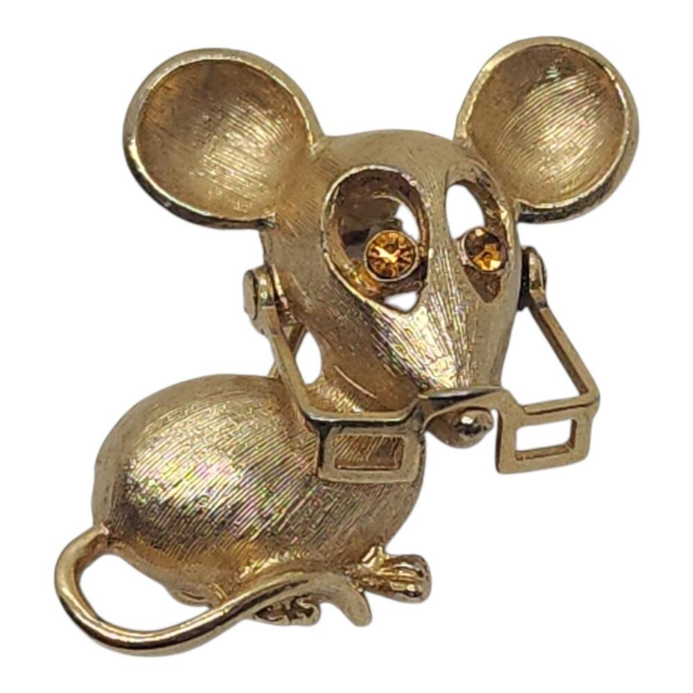 Vintage Avon Mouse Brooch Pin Gold Tone Rhinestone Eyes Glasses Figural Cute